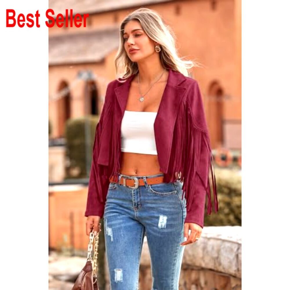 Faux Suede Fringe Cropped Jacket Motorcycle Style Tassel Detail - Picture 5 of 7